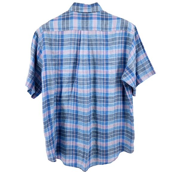 Brooks Brothers Madison Irish Linen Shirt Blue Pink Plaid Button Down Size Large - Picture 2 of 8